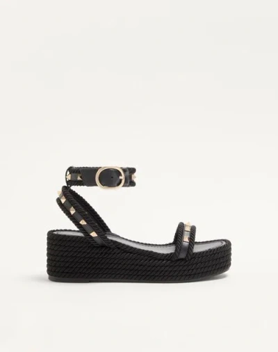 Valentino Rockstud Leather Ankle-strap Espadrilles In Black
