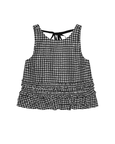 Ganni Crinkled Check Frill Top In Black