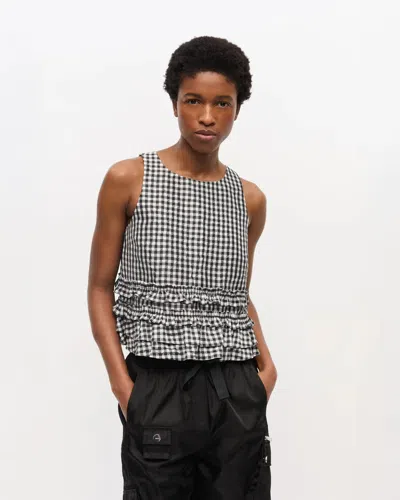Ganni Crinkled Check Frill Top In Black