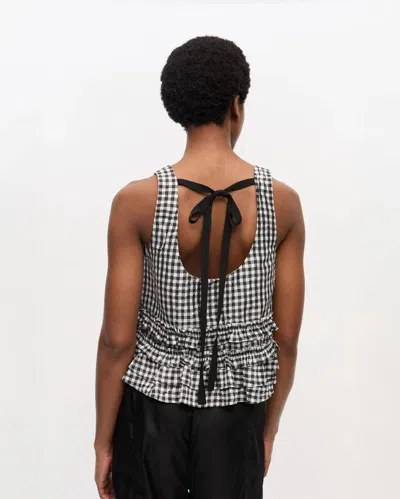 Ganni Crinkled Check Frill Top In Black