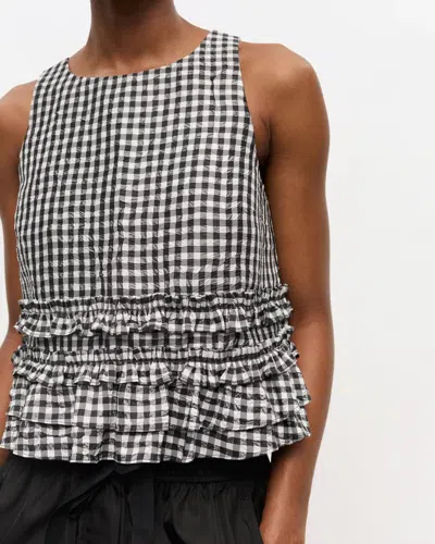Ganni Crinkled Check Frill Top In Black