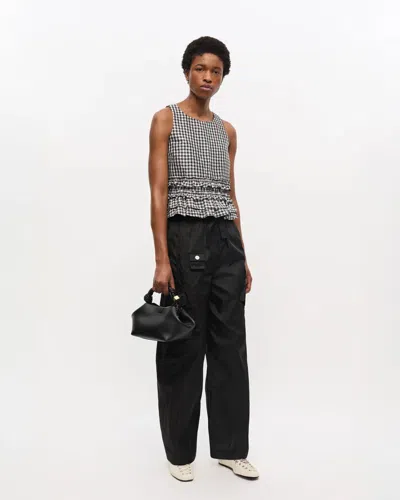 Ganni Crinkled Check Frill Top In Black