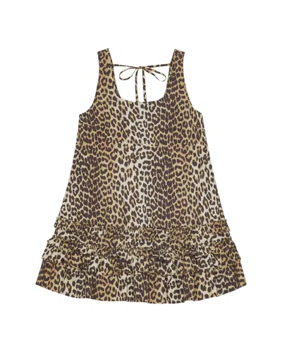 Ganni Brown Leopard Cotton Poplin Mini Dress