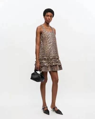 Ganni Brown Leopard Cotton Poplin Mini Dress