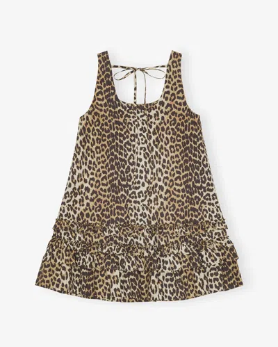 Ganni Brown Leopard Cotton Poplin Mini Dress