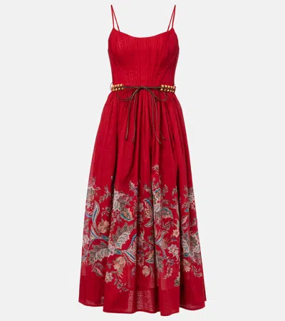 Zimmermann Rhiannon Cotton Corset Midi Dress In Red