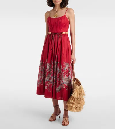 Zimmermann Rhiannon Cotton Corset Midi Dress In Red