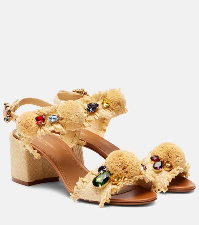 Dolce & Gabbana Raffia Pom Pom Gem Block-heel Sandals In Brown