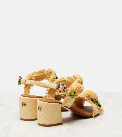 Dolce & Gabbana Raffia Pom Pom Gem Block-heel Sandals In Brown