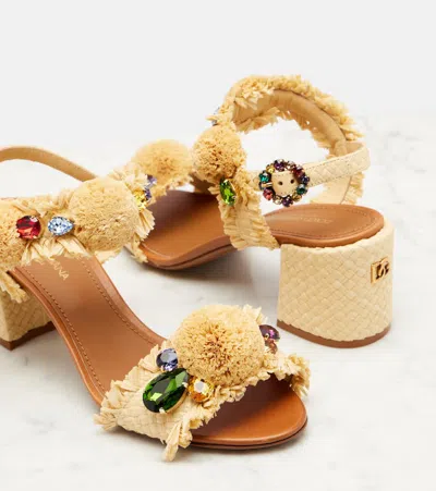 Dolce & Gabbana Raffia Pom Pom Gem Block-heel Sandals In Brown