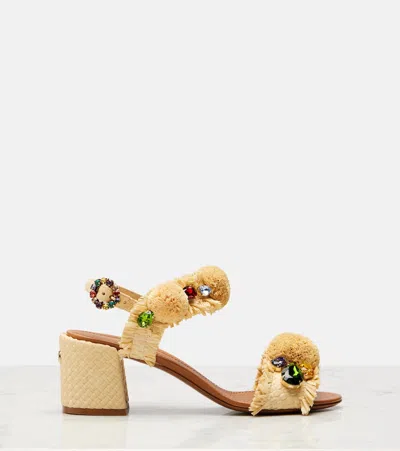 Dolce & Gabbana Raffia Pom Pom Gem Block-heel Sandals In Brown
