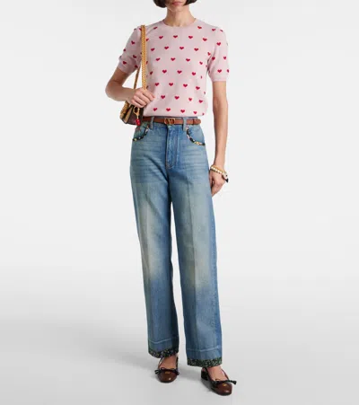 Valentino Crewneck Heart Jacquard Sweater In Pink