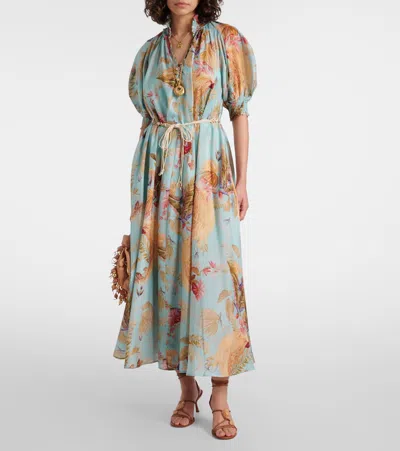 Zimmermann Ascension Billowed Silk Maxi Dress In Blue