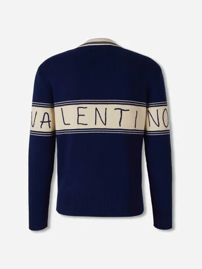 Valentino Embroidered Striped Virgin Wool And Cotton-blend Sweater In Blue