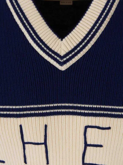 Valentino Embroidered Striped Virgin Wool And Cotton-blend Sweater In Blue