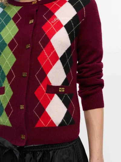 Ganni Womens Tawny Port Rhombus-print Round-neck Wool And Cashmere Cardigan Xl