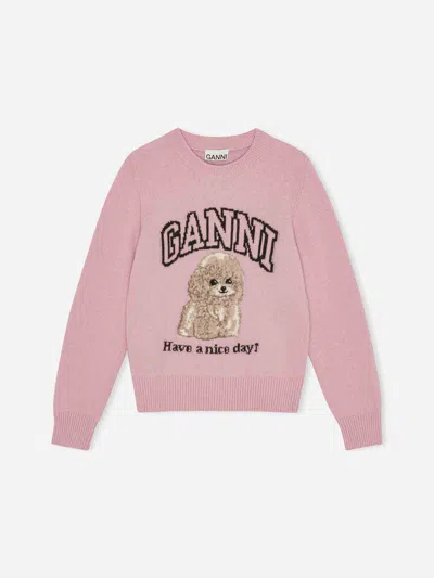 Ganni Womens Chalk Pink Poodle Logo-motif Wool-blend Knit Jumper Xs In Pink