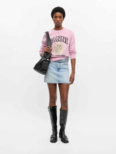 Ganni Womens Chalk Pink Poodle Logo-motif Wool-blend Knit Jumper Xs In Pink