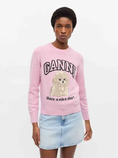 Ganni Womens Chalk Pink Poodle Logo-motif Wool-blend Knit Jumper Xs In Pink