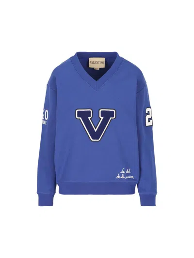 Valentino Blue Sweatshirt With V And Le Chat De La Maison Embroidery