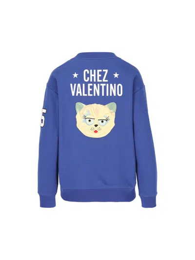 Valentino Blue Sweatshirt With V And Le Chat De La Maison Embroidery