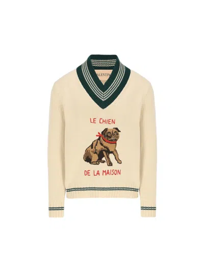 Valentino Butter-coloured Sweater With Le Chien De La Maison Embroidery In Nude
