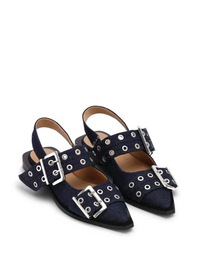 Ganni Buckled Eyelet-embellished Recycled Denim Ballet Flats
