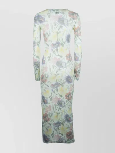 Loewe Ribbed Floral-print Silk-blend Midi Dress In Green