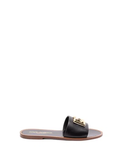 Dolce & Gabbana Black Calf Leather Bianca Slides In Black