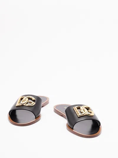 Dolce & Gabbana Black Calf Leather Bianca Slides In Black