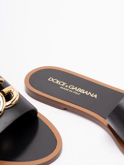 Dolce & Gabbana Black Calf Leather Bianca Slides In Black