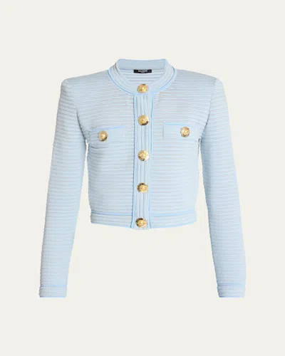 Balmain Long Sleeved Textured Knit Cardigan In Blue