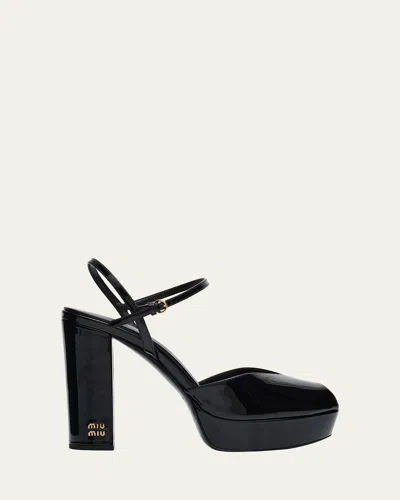 Miu Miu Patent Leather Block-heel Platform Sandals In Black
