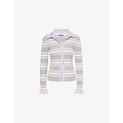 Self-portrait Grey Cardigan With Spread Collar And All-over Striped Motif In Viscose Blend Woman In Multi