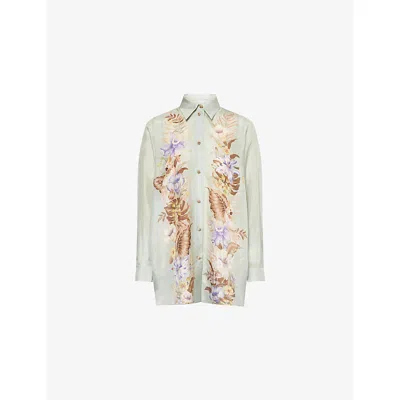 Zimmermann Floral Silk Shirt Featuring Buttoned Cuffs In Green