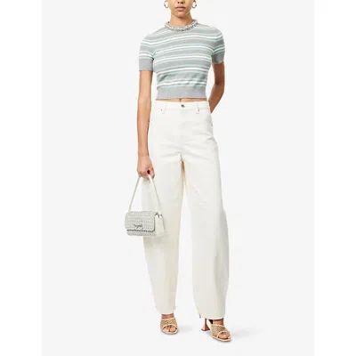 Self-portrait Self Portrait 'grey Striped Crystal Trim Knit' Sweater In Animal Print