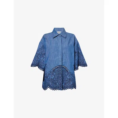 Zimmermann Denim Shirt With Floral Embroidery And Collared Neck In Blue