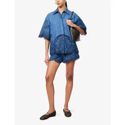 Zimmermann Denim Shirt With Floral Embroidery And Collared Neck In Blue
