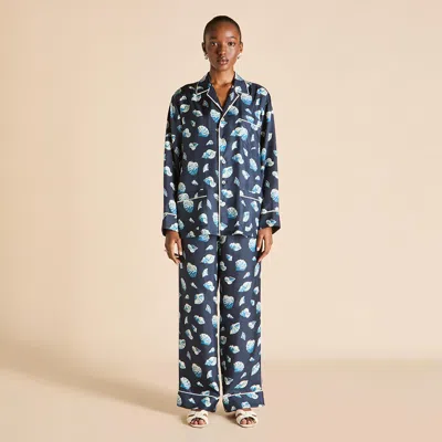 Olivia Von Halle Yves Nautilus Navy Seashell Pyjamas In Silk Twill In White