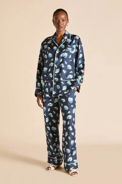 Olivia Von Halle Yves Nautilus Navy Seashell Pyjamas In Silk Twill In White