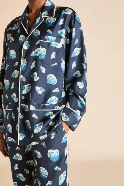 Olivia Von Halle Yves Nautilus Navy Seashell Pyjamas In Silk Twill In White