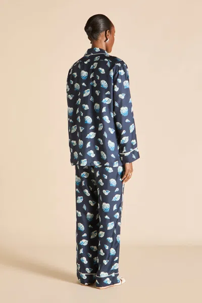 Olivia Von Halle Yves Nautilus Navy Seashell Pyjamas In Silk Twill In White