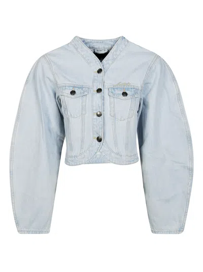 Rotate Birger Christensen Rotate Cropped Round Sleeve Denim Jacket In Light Blue