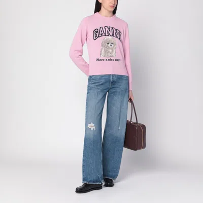 Ganni Womens Chalk Pink Poodle Logo-motif Wool-blend Knit Jumper Xs In Pink