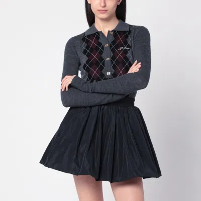 Ganni Grey Sweater With Classic Collar And Check Motif On The Front In Wool Woman In Gray