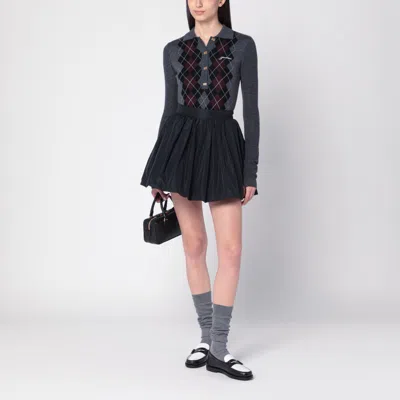 Ganni Grey Sweater With Classic Collar And Check Motif On The Front In Wool Woman In Gray