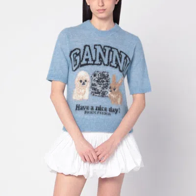Ganni Light Blue Crewneck T-shirt With Maxi Logo Embroidery On The Front In Blue