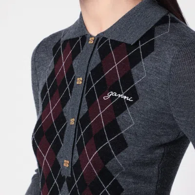 Ganni Grey Sweater With Classic Collar And Check Motif On The Front In Wool Woman In Gray