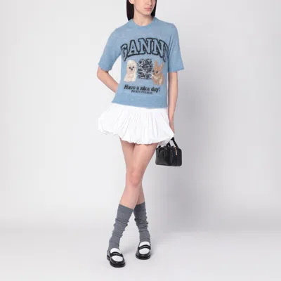 Ganni Light Blue Crewneck T-shirt With Maxi Logo Embroidery On The Front In Blue