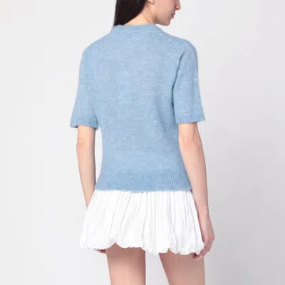 Ganni Light Blue Crewneck T-shirt With Maxi Logo Embroidery On The Front In Blue